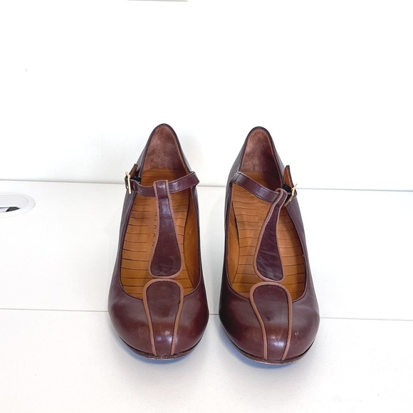 Chie Mihara Womens Mary Jane Pump Shoes Size 38 Brown Leather T-Strap Block Heel - Picture 2 of 10